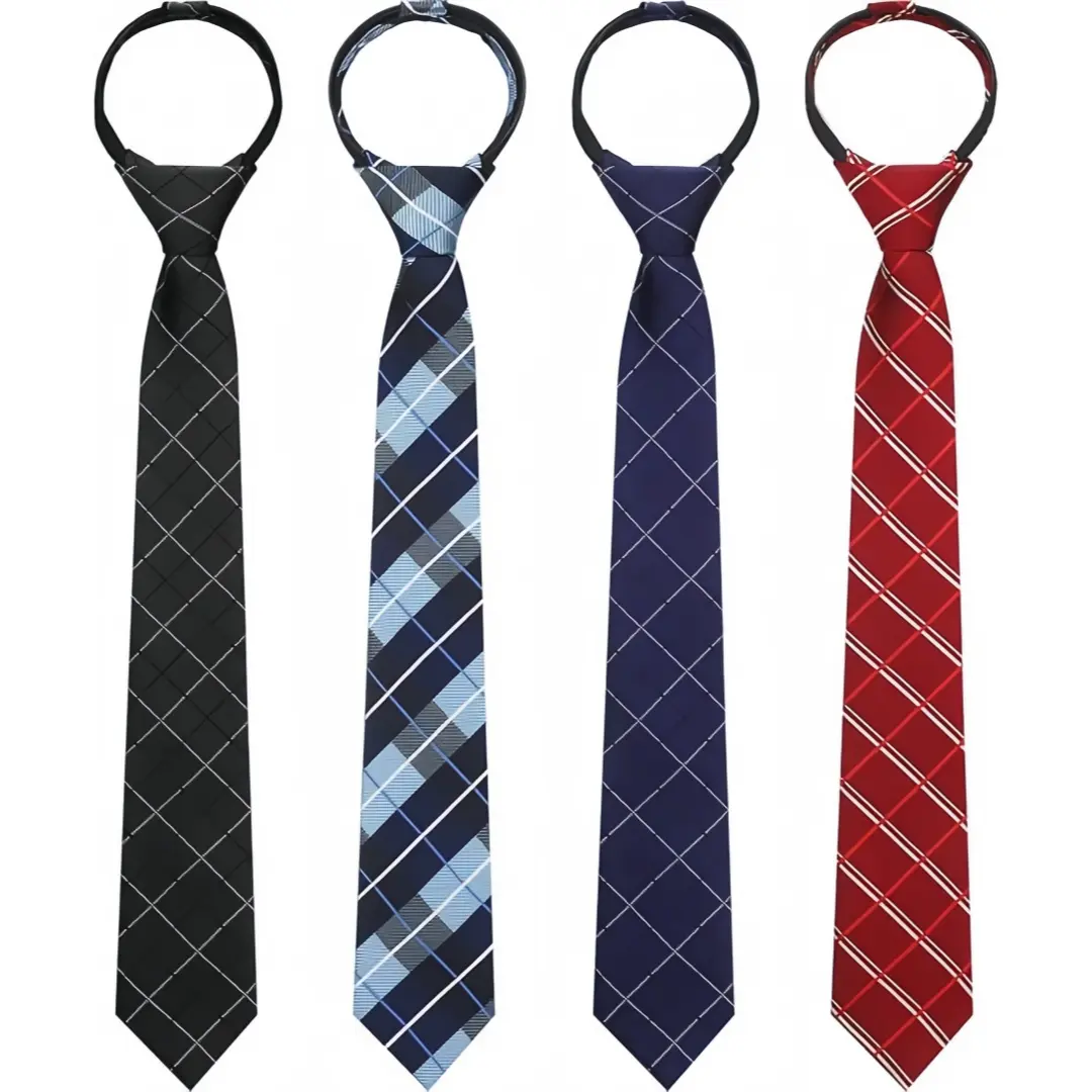 Men's 4-Piece Elegant Clip-On Tie Set - Solid Silk/Satin Zippered Ties, Adjustable Skinny Slim Design, Easy-Wear for Professional Events, Weddings, Ideal Gift