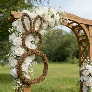 16-inch faux vine bunny wreath, rustic bunny-shaped door hanging, farmhouse decoration, Easter decoration, wedding decoration, DIY bunny wreath, make your own unique wreath.