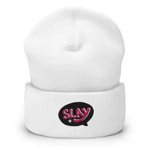 Women's Pink, Black, & White Embroidered Slay Beanie Gift - Winter Knit Hat - Soft Acrylic Fabric - Ideal for Cold Weather Wear - Outdoor Gear