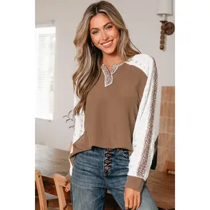 Leopard Corded Lace Patchwork Long Sleeve Top