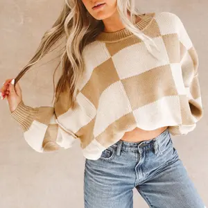 Green Checkered Bishop Sleeve Sweater-Cozy Plaid Crop Sweater - Perfect for Layering Knitwear Womenswear