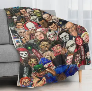 Horror Movie Characters Throw Blanket - Soft Flannel Cozy Blanket for Movie Night, Scary Decor Gift for Horror Lovers, Halloween Couch Throw for Men Women