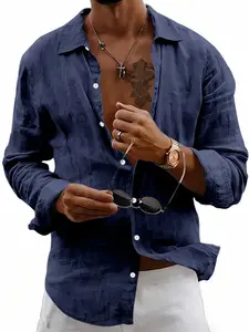 Men's All-Seasons Outfits, Minimalist Pure Color Linen Button Down Shirt, Long Sleeve, Lightweight Breathable Fabric, Casual Beach Shirt for Summer Vacation, Daily Wear & Resort, Classic