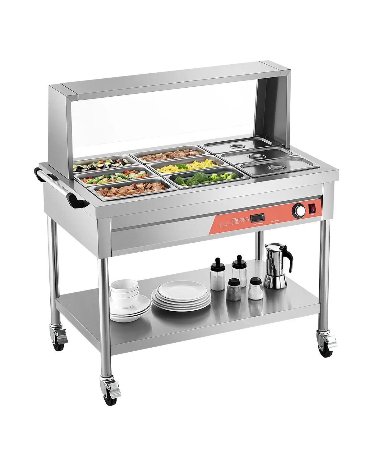 9 X 1/3 Size Pans Commercial Food Warmer Steam Table with Undershelf and Shield, Heavy Duty Stainless Steel Construction for Catering Buffets and Restaurant Kitchens, Tabletop Steam Unit with Removable Drain