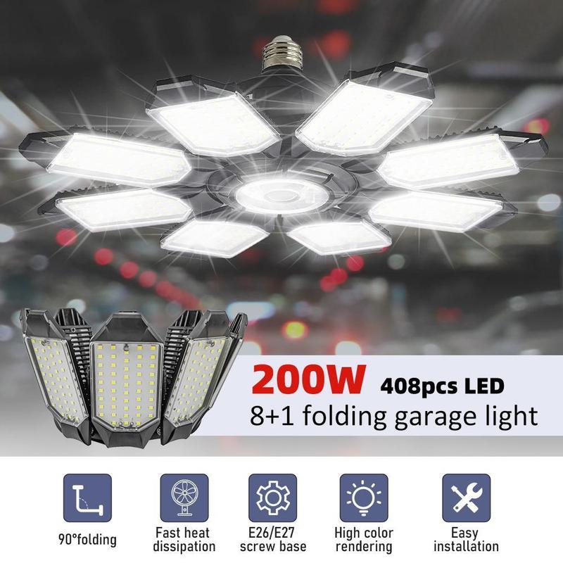 200W LED Garage Light, Deformable Ceiling Light with 8+1 Panels, 6500K, E26/E27 Screw-in Bulb, for Workshop, Storage, Warehouse, Attic