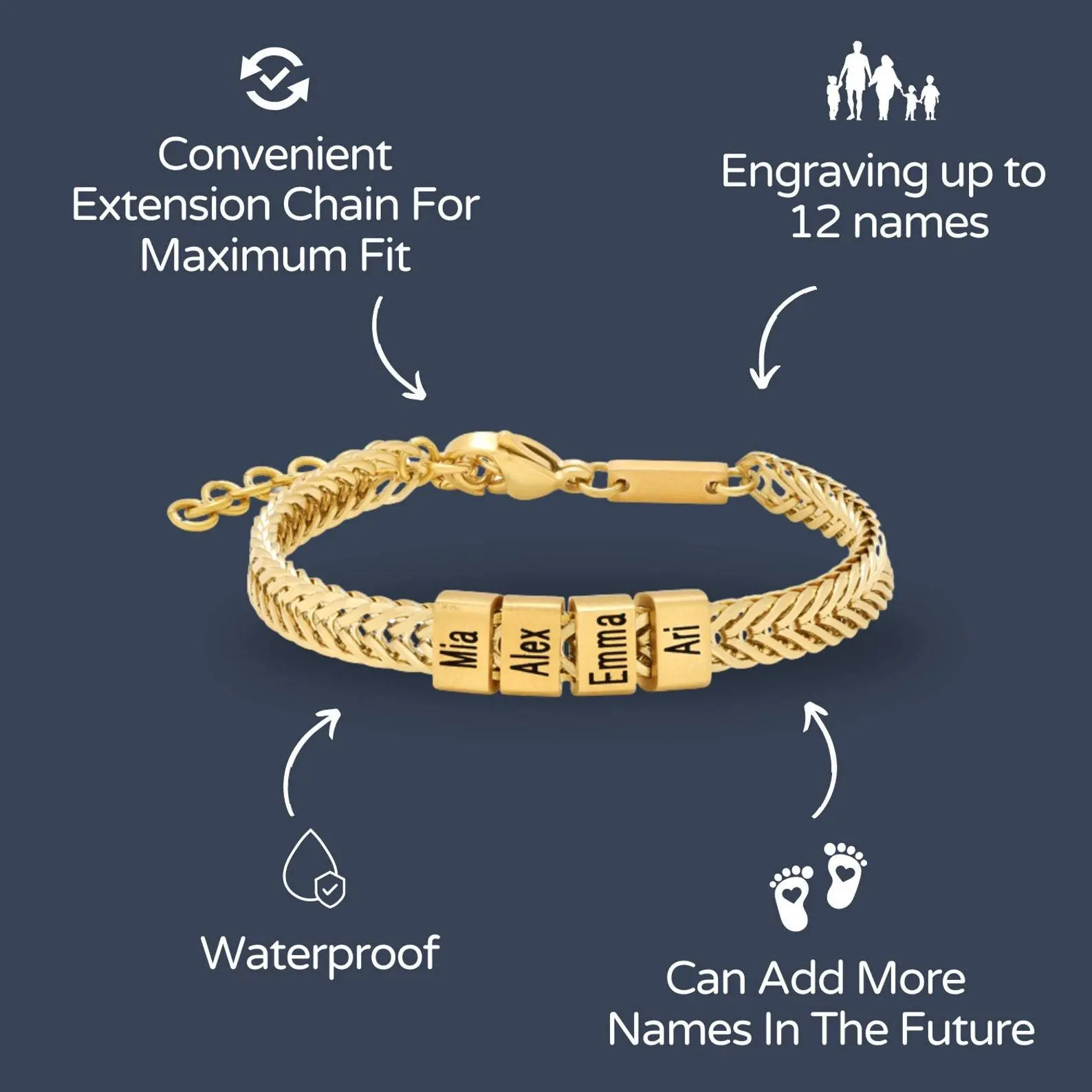 Custom Golden Bracelet for Dad with Kids Name, Personalized Daddy Bracelet, Family Name Jewelry Christmas Father's Day Gift