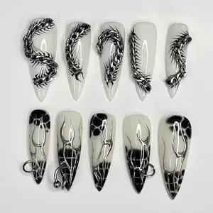 Silver Reptiles & Black Blooming on White Long Stiletto Press On Nails, Handpainted Luxury Acrylic Gothic/Goth Fake Nails, Emo Y2K Style
