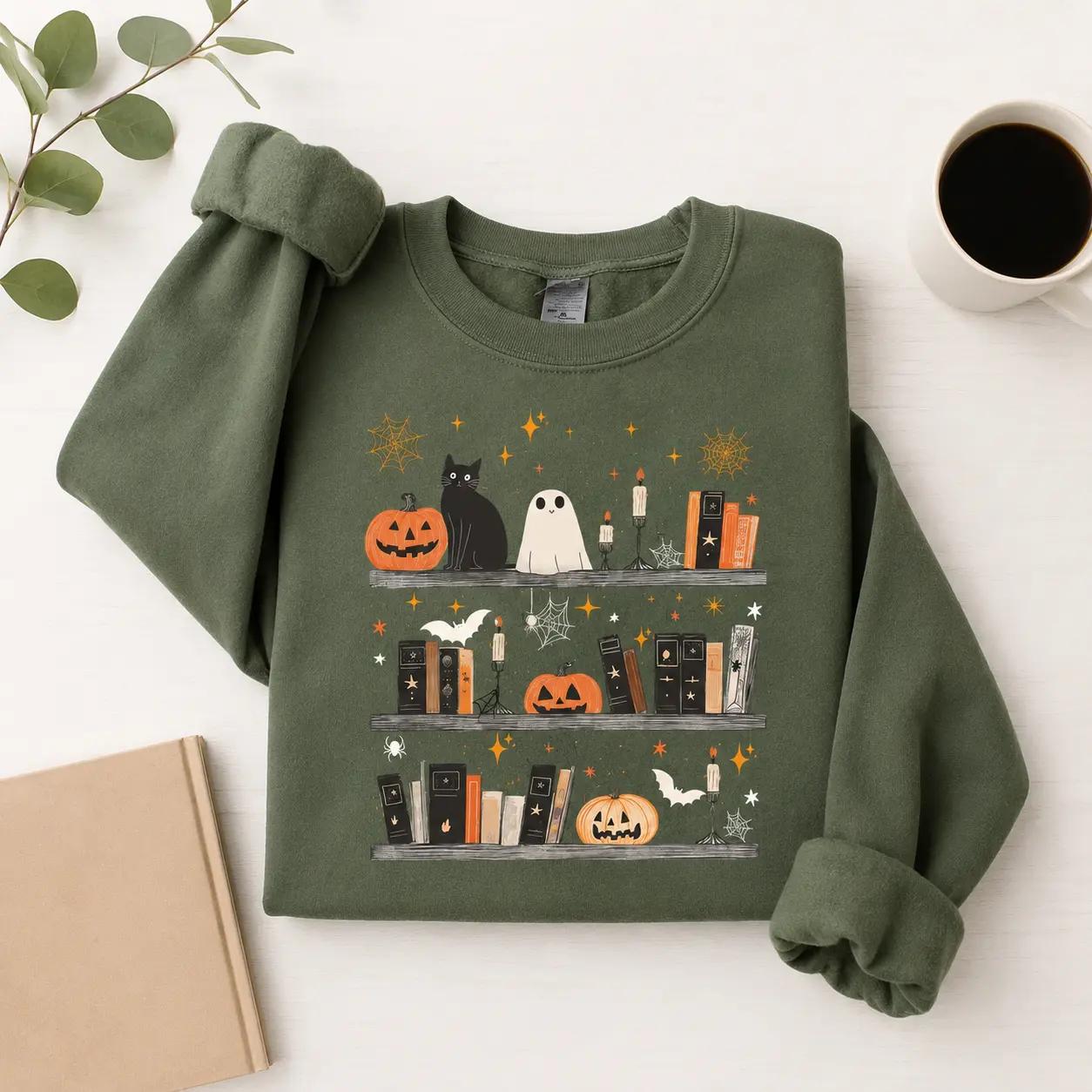 Cozy Halloween Bookshelf Sweatshirt, Ghost Black Cat Pumpkin Crewneck, Book Lover Fall Sweatshirt, Spooky Season Pullover, Halloween Gift