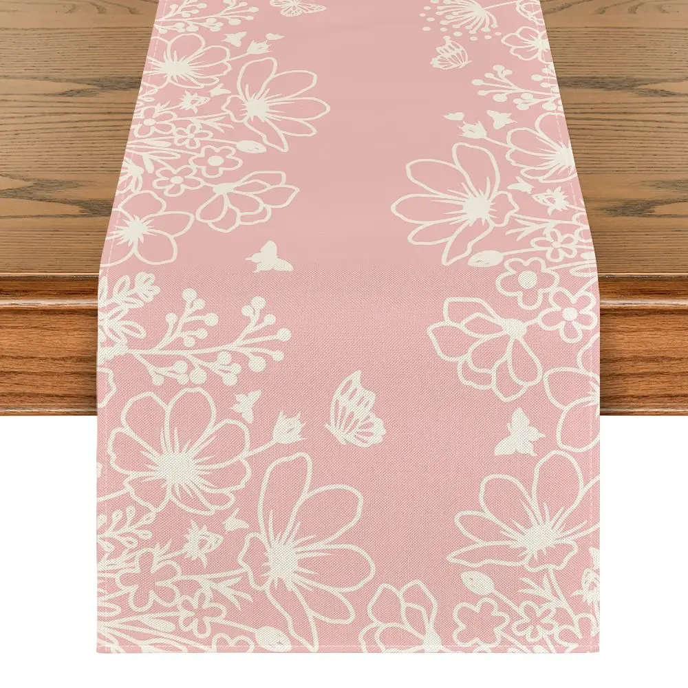 Pink Floral Butterfly Linen Table Runner, White Flower Print Farmhouse Table Runner, Washable Fabric Table Runner for Kitchen, Dining Room, Wedding & Spring Party Decor
