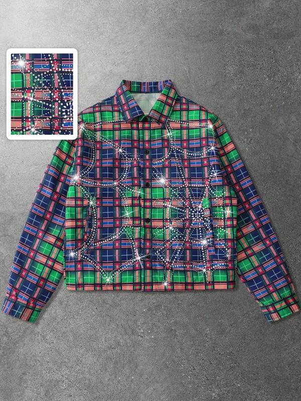 Men's Vintage Plaid Shirt with Rhinestones, Street Style Fashion, Casual Long Sleeve, Soft Comfortable Fabric, Casual Stylish Menswear