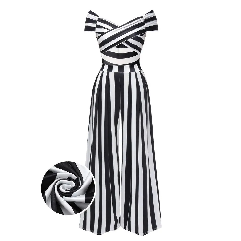 Lady's 1960s Black Off-Shoulder Striped Sleeveless Wide-Leg Ankle-Length Boho Jumpsuit - Light Stretch, Standard Sizes, Casual Overallssummer outfits BackToSchool