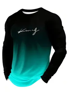 3-piece men's long-sleeved T-shirt - Gradient King pattern print, regular fit, machine washable, all-season comfortable daily wear top, round neck design, smooth fabric