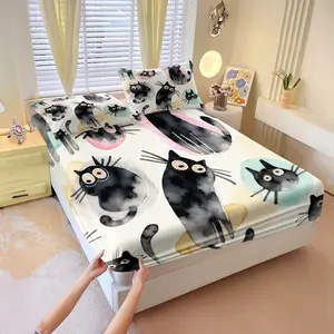 3Pcs Watercolor Black Cat Fitted Sheet Set, Soft & Breathable, Deep Pocket with Elastic Band, Wrinkle Resistant & No Fade, Cute Cat Bedding Set for Bedroom