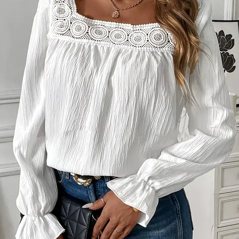 Women's Plain Contrast Lace Flounce Sleeve Fitted Boho Cottagecore Blouse, Casual Feminine Square Neck Long Sleeve Top for Spring & Fall, Women's Clothing for Daily Wear, Casual Daily Tops, Womenswear, Lady