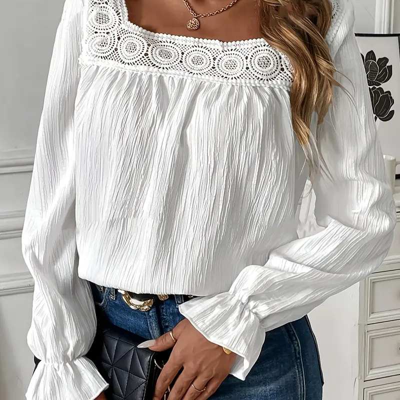 Women's Plain Contrast Lace Flounce Sleeve Fitted Boho Cottagecore Blouse, Casual Feminine Square Neck Long Sleeve Top for Spring & Fall, Women's Clothing for Daily Wear, Casual Daily Tops, Womenswear, Lady