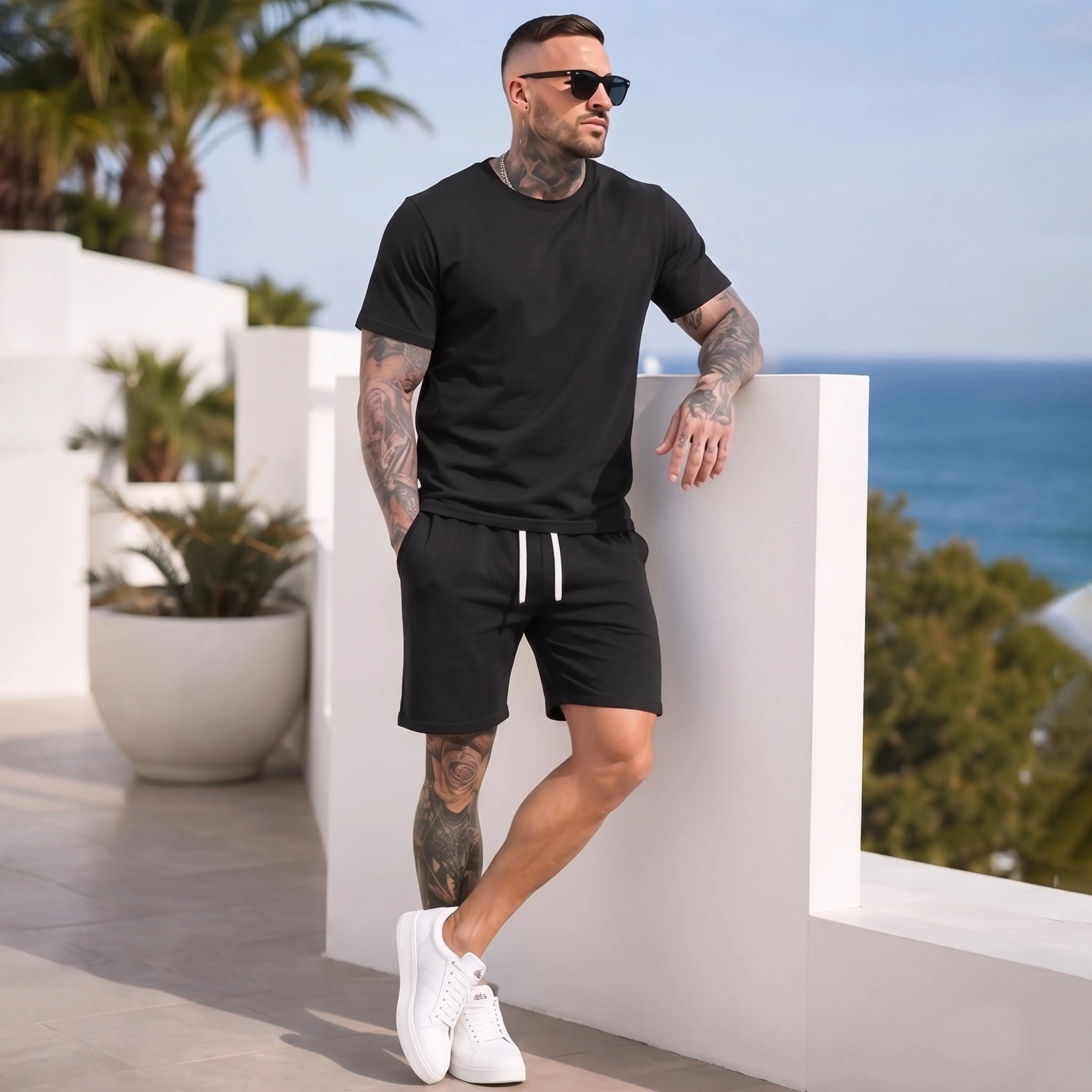 Men's 2-Piece Minimalist Menswear Tracksuits - Soft Plain Athletic Short Sets, Casual Fashion Summer Outfits, Shortsleeve, Loose, Fabric, Outdoor, Round Neck, Pants, Clothes, Crew Neck, Sporty Chic, Polyester Blend