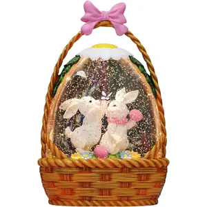 Easter Bunny Snow Globe for Easter Decorations, Easter Basket Eggs Design with Lighting Functions, USB or Battery Operated