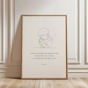 Little Boy Praying Wall Art - Luke 2:40 Bible Verse Nursery poster, Christian Nursery Decor, Minimalist Line Drawing Art, Scripture Prints