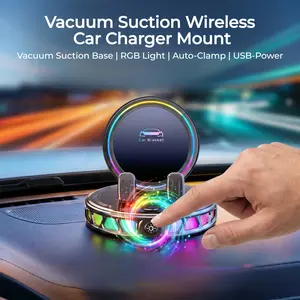 360° Rotatable Holder with RGB Light,Wireless Charging Car Phone Mount,  USB Powered, Auto-Lock & Strong Vacuum Suction for Windshield & Dashboard-YY