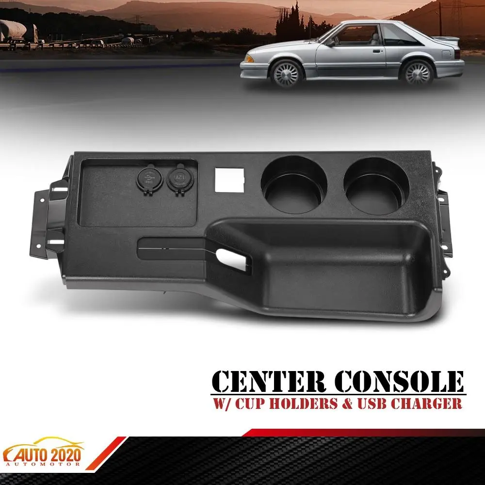 Black Car Interior Center Console with Cup Holders & USB Charger, Compatible for 1987-1993 Ford Mustang