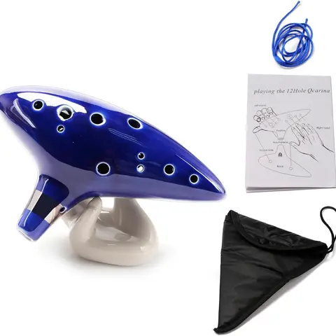 12-Hole Alto C Smooth Ceramic Ocarina Set - Musical Instruments with Neck Strap Cord, Song Book, Hand-Shape Display Stand, Durable Black Protective Bag, Beautiful Sound, Easy to Learn, Unisex Elegant Gift Box (Perfect Gift for Enthusiasts), Art Decoration