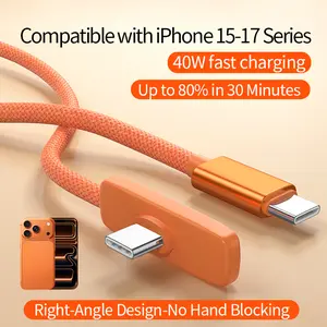 40W Right Angle Cable for iPhone 15/16/17 Pro Max iPad & MacBook Series PD Type-C Charger 90 Degree Gaming Cord No Hand Blocking Durable Braided Data Power C to C Cable USB-C to USB-C - Cellphone