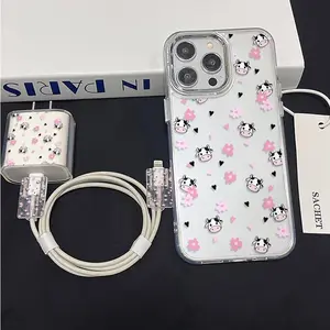 iPhone Case Set with Metal Frame, Floral Cow Pattern, Shockproof Design, Includes Charger Protector & Cable Organizer