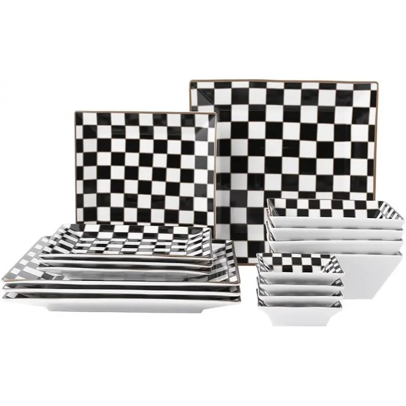 Checkerboard Porcelain Square Dinnerware Service Set for 4 - 3.3-in Plates, Bowls, Dipping Saucers, Black and White Modern Dining Tableware Set, Modern Tableware Sets