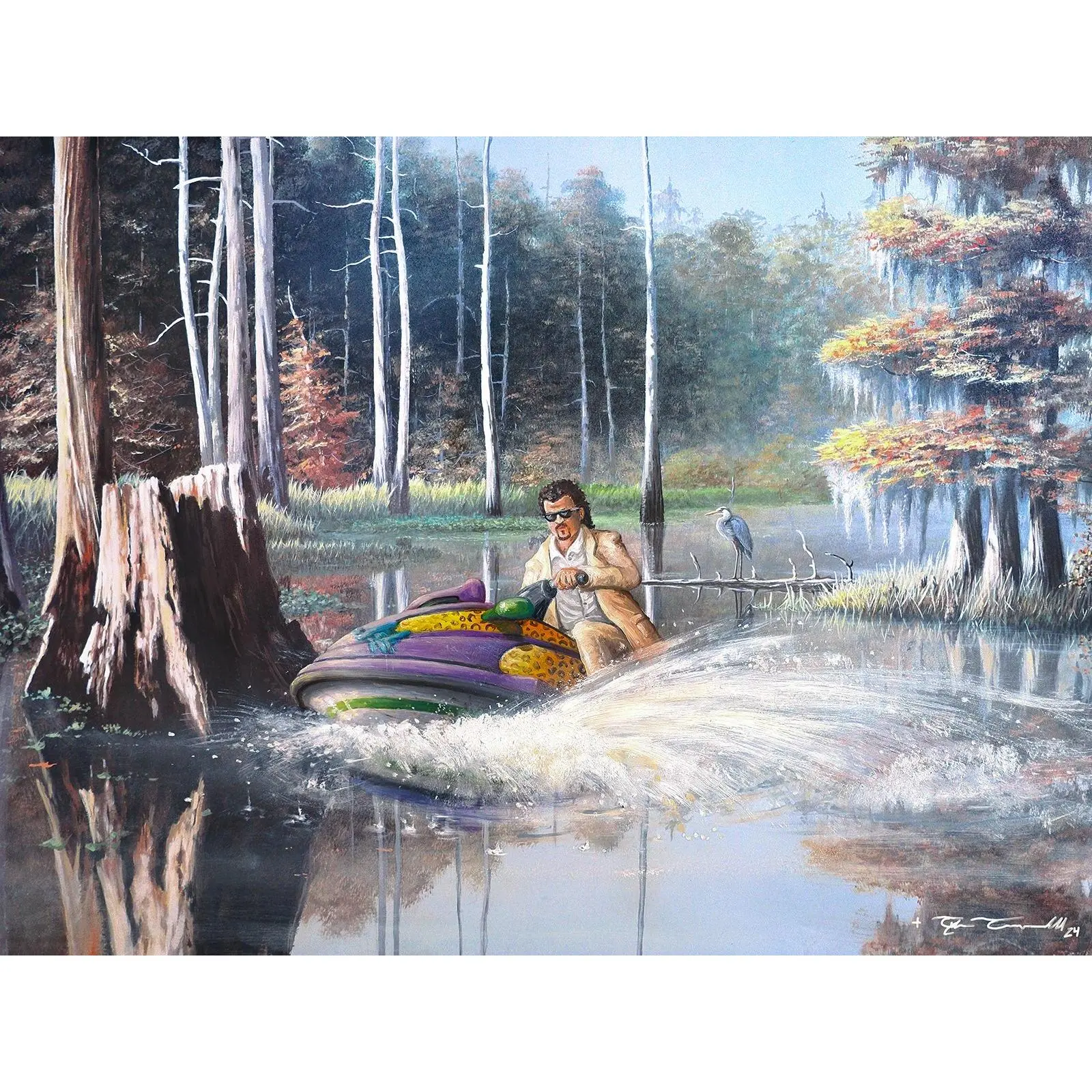 Man Riding Colorful Jet Ski In Swamp Forest Canvas Wall Art, Funny Surreal Louisiana Bayou Oil Painting Print, Modern Whimsical Nature Decor Unframed Canvas Poster, Frame Not Included