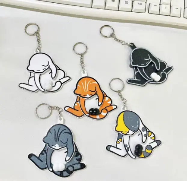 Creative Meme Sad Cat Keychain, Double-Layer Movable Design, Cute Cartoon Cat Bag Charm Pendant, Car Interior Decoration Accessory for Backpack Keys Gift