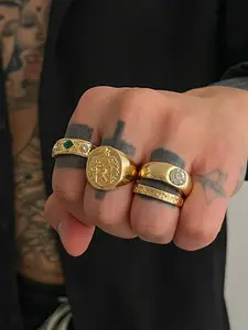 4 Piece Set Style Embossed Badge Rings, Elegant Artificial Gemstones, Unisex Fashion Jewelry for Daily Wear, Stacking Ring Set, Stackable Rings, Statement Multi Ring