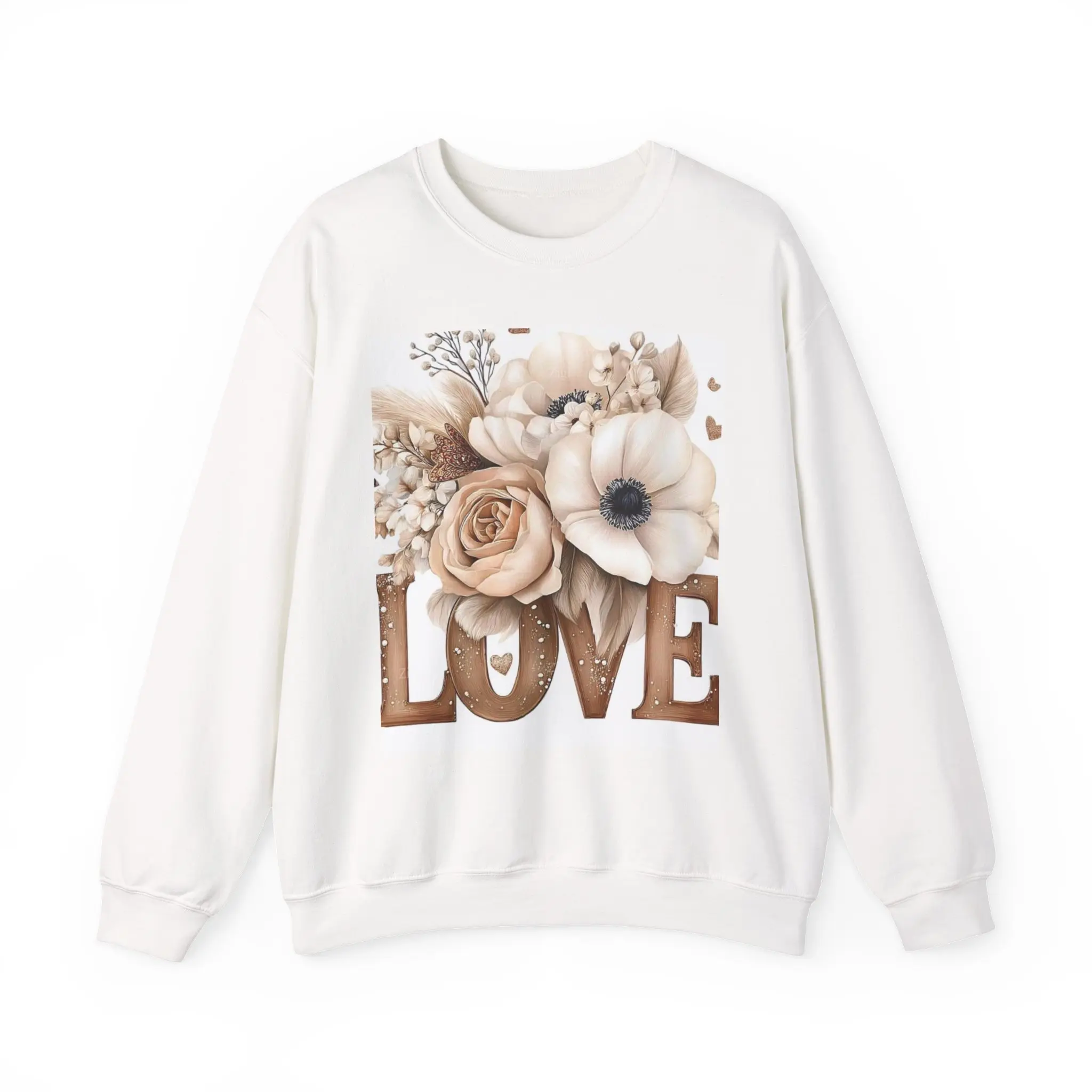 Neutral Floral LOVE Crewneck | Beige Roses Anemone Bouquet Sweatshirt