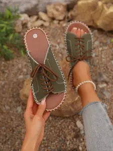 Women's Breathable Stitched Slip-On Sandals, Summer New Fashion Versatile Canvas Denim Handmade Beach Slippers, Comfortable Laces Anti-Slip Sole Footwear