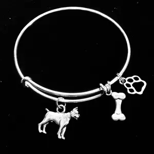 Boxer Dog Charm on Silver Expandable Adjustable Bangle Bracelet with 3D Boxer Paw Print & Dog Bone Charms Meaningful Gift for Dog Lovers Trendy Jewellery Accessories