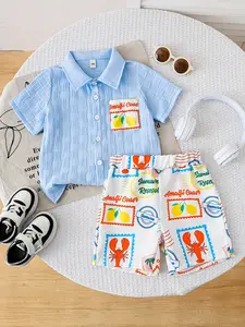Boys' Blue Striped Short Set with Pocket Shirt & Food Print Shorts, Casual Loose Fit Summer Clothes Kids for Outdoor Sports and Daily Wear Clothing Sets
