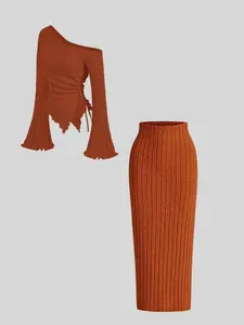 Elegant Chic Women's Asymmetrical Shoulder Long Sleeve Graphic Dress Set, High Waist Irregular Hem Drawstring Belted Bodycon Half-Length Skirt