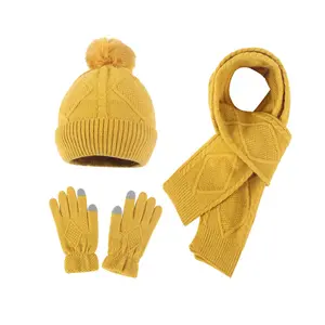 Women's Pom-Pom Knitted Hat Scarf Gloves Three-Piece Set Fashionable Warm Knit Hat Set in Plaid Pattern Mustard Yellow Color