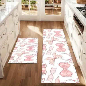 2pcs Christmas and New Year printed kitchen rug Hand Drawn Ribbon Bows Patterns, Print o Floor Mat Set Farmhouse Kitchen Rug Dining Room Flooring Laundry Room Decor Carpet Mat Decorative Rug Mat