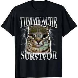 “Humorous Cat Meme T - Shirt: 'Tummy Ache Survivor' Cool Cat Graphic”