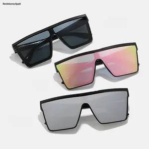 Unisex Lightweight Oversized Flat-Top Shield Sunglasses, Bold Futuristic Square Frame, Mirrored & Tinted Lenses, UV400 Protection for Beach & Streetwear Outfits