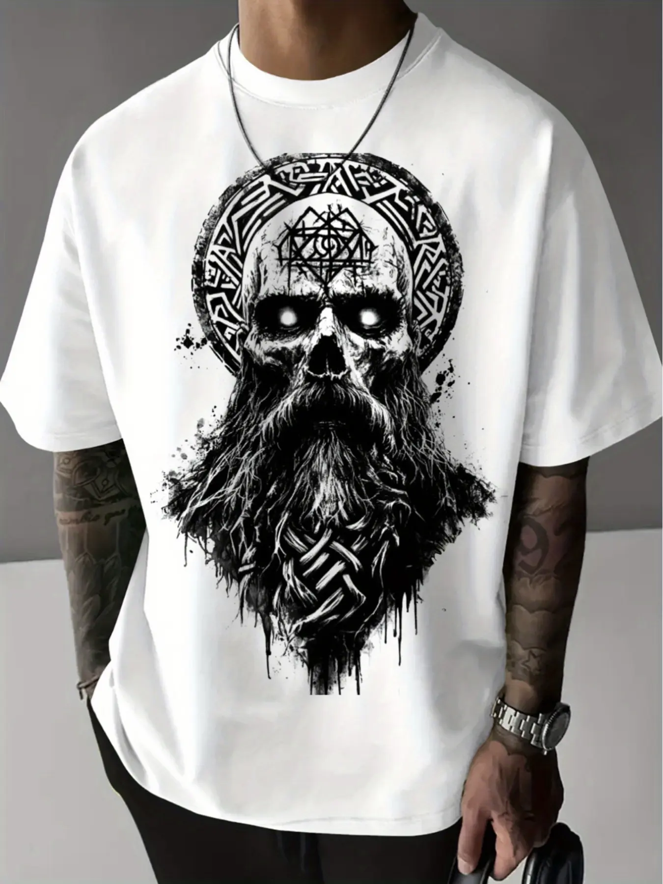 Men'S T-Shirt with Skull and Celtic Knot Beard Print |   Soft Breathable All-Season Round Neck Short Sleeve, Gothic Streetwear Gym Running Casual Shirt for Men, Ideal Gift for Big and Tall (Viking-Inspired Design)
