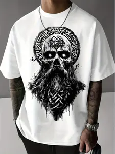 Men'S T-Shirt with Skull and Celtic Knot Beard Print |   Soft Breathable All-Season Round Neck Short Sleeve, Gothic Streetwear Gym Running Casual Shirt for Men, Ideal Gift for Big and Tall (Viking-Inspired Design)