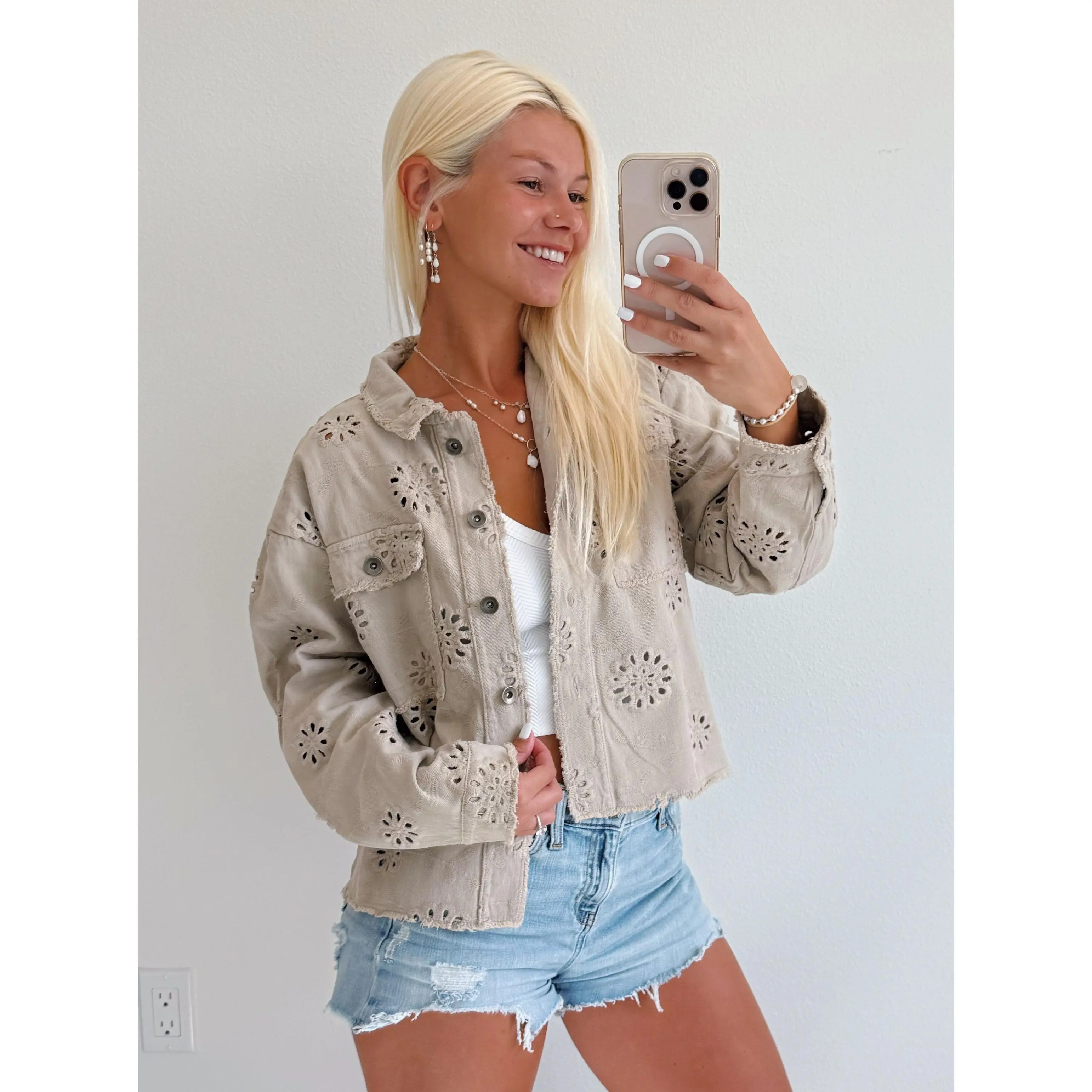 Eyelet Button Down Cotton Jacket