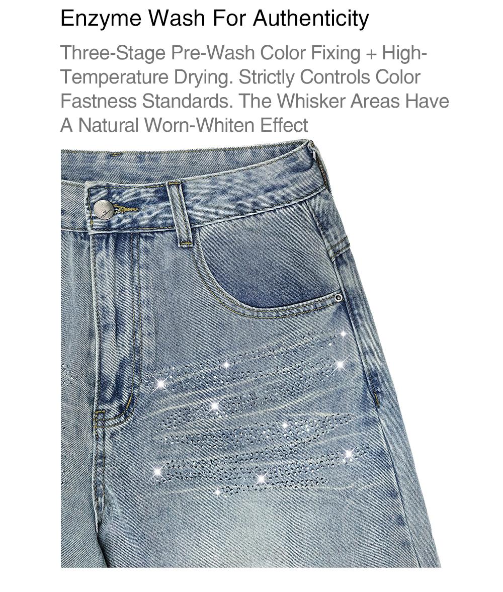 Lux Lee Rhinestone Baggy Barrel Jeans - Vintage Enzyme-Washed Denim, Sparkling Rhinestone Stripes, High-Waisted Tummy Control, Flattering Wide-Leg Fit, Eye-Catching Glittery Street Style For Trendsetters