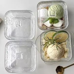 Clear Glass Dessert Bowl with Lid, Square Ice Cream Bowl, Dessert Container for Home Kitchen Party Picnic