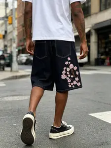 Men's Summer Tropical New Arrival Fashion Embroidery Floral Embroidered Washed Denim Shorts, Casual Versatile Trendy Knee-Length Denim Shorts for Men