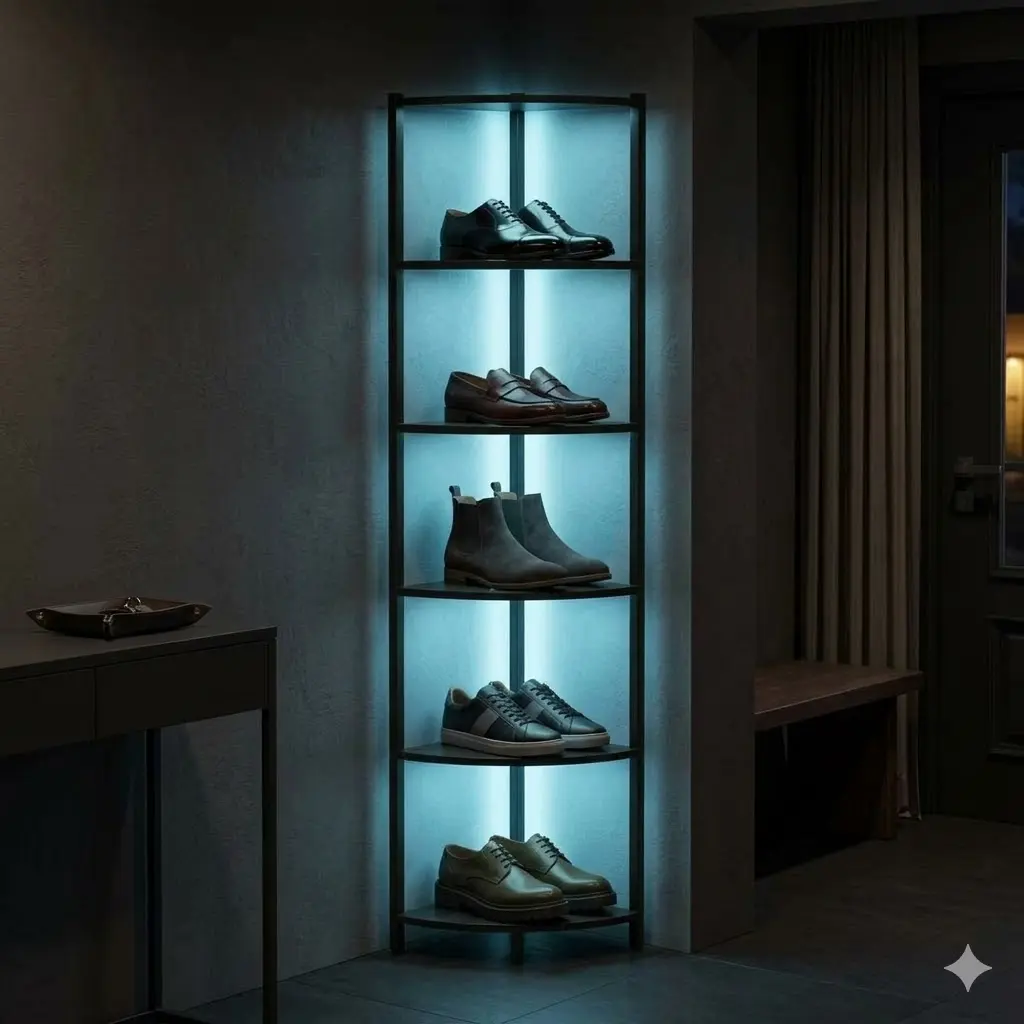 6-Tier 66'' Black MDF Corner Shelves with LED Lights, Steel Frame Racks, Quick-Setup Adjustable Right Angle Unit, Living Room Furniture for Bedroom Decor, Plant Shelf Styling to Light Up Your Space