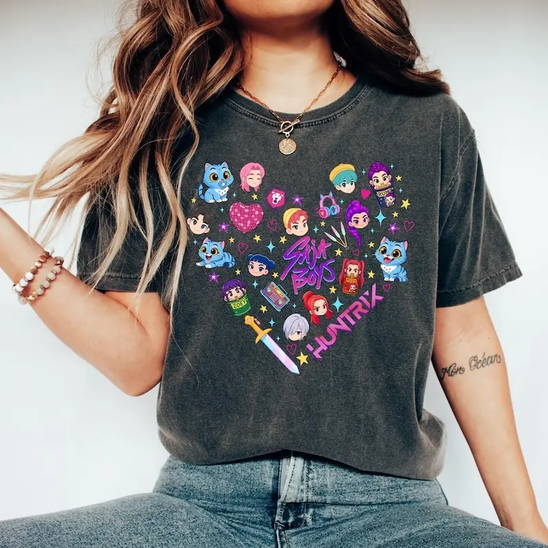 Retro Huntrix Heart Shirt, Kpop Demon Hunters Saja Boys Group Shirt, Kpop Huntrix Shirt, Demon Hunter, Huntrix Girls Shirt