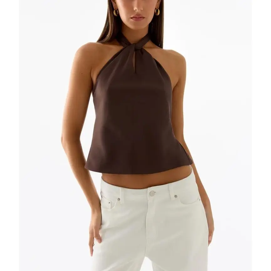 Women Satin Halter Crop Top, Tie Neck Keyhole Cutout Sleeveless Backless Silky Cropped Cami Blouse for Club Party Daily Wear