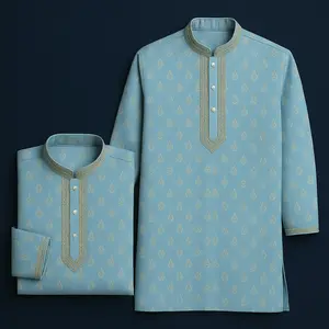 Muslim Panjabi for Men Bangladesh Pakistan India Light Blue Color Long Sleeve Long Shirt Islamic Clothing Party Wear All Seasons